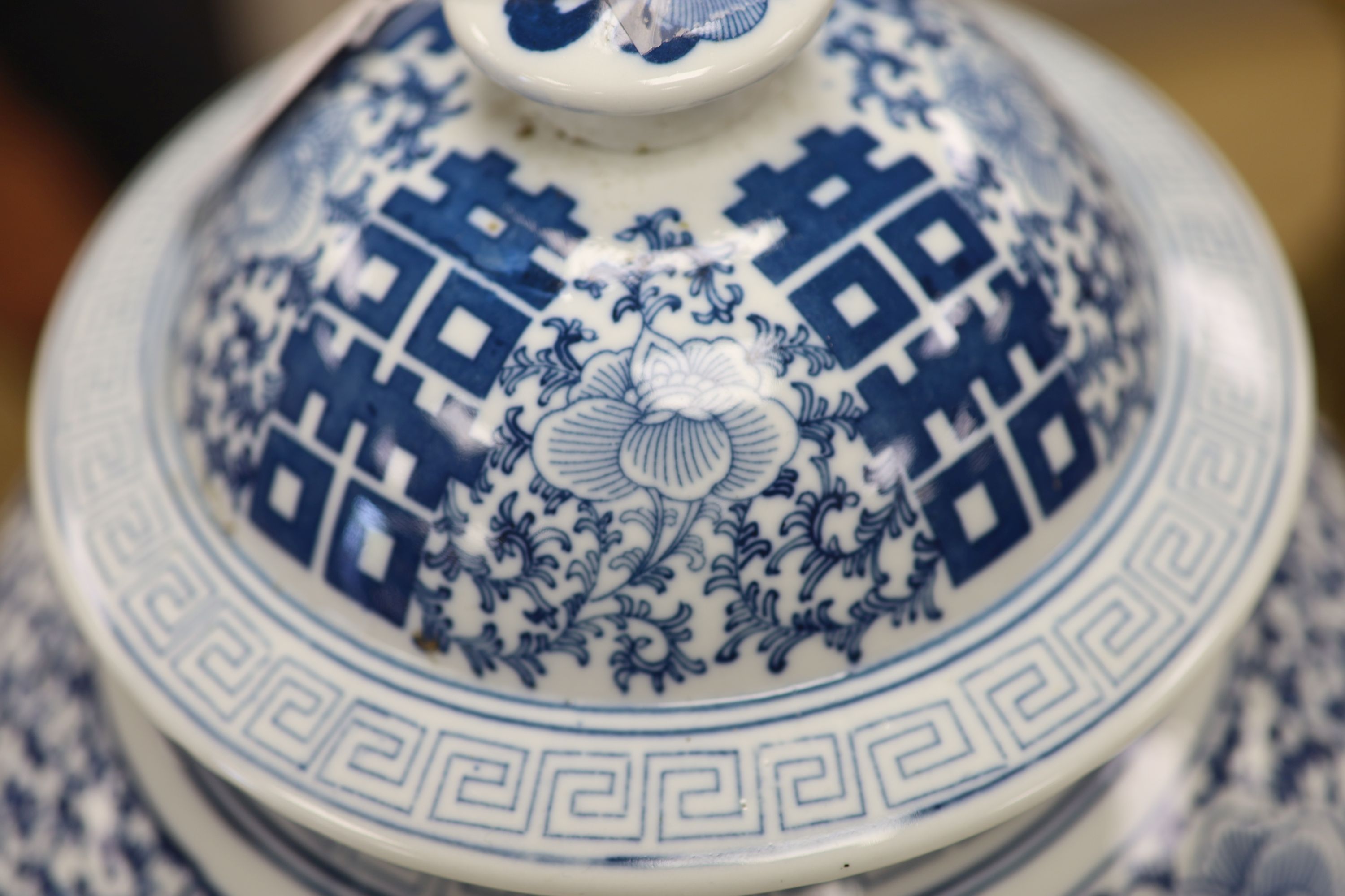 A large 20th century Chinese blue and white Shuangxi baluster vase and cover, height 32cm